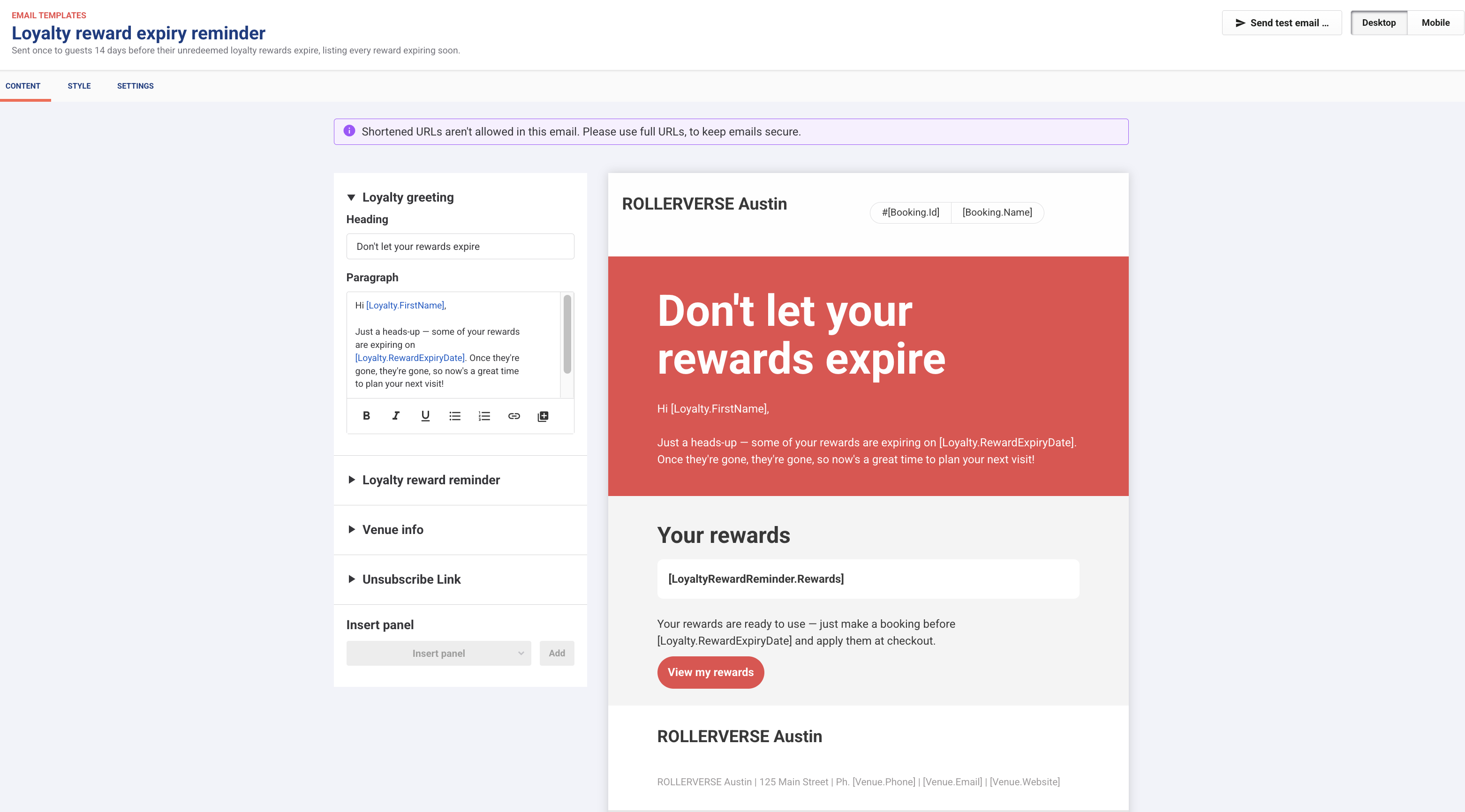Email template reminding users about expiring loyalty rewards and booking details.